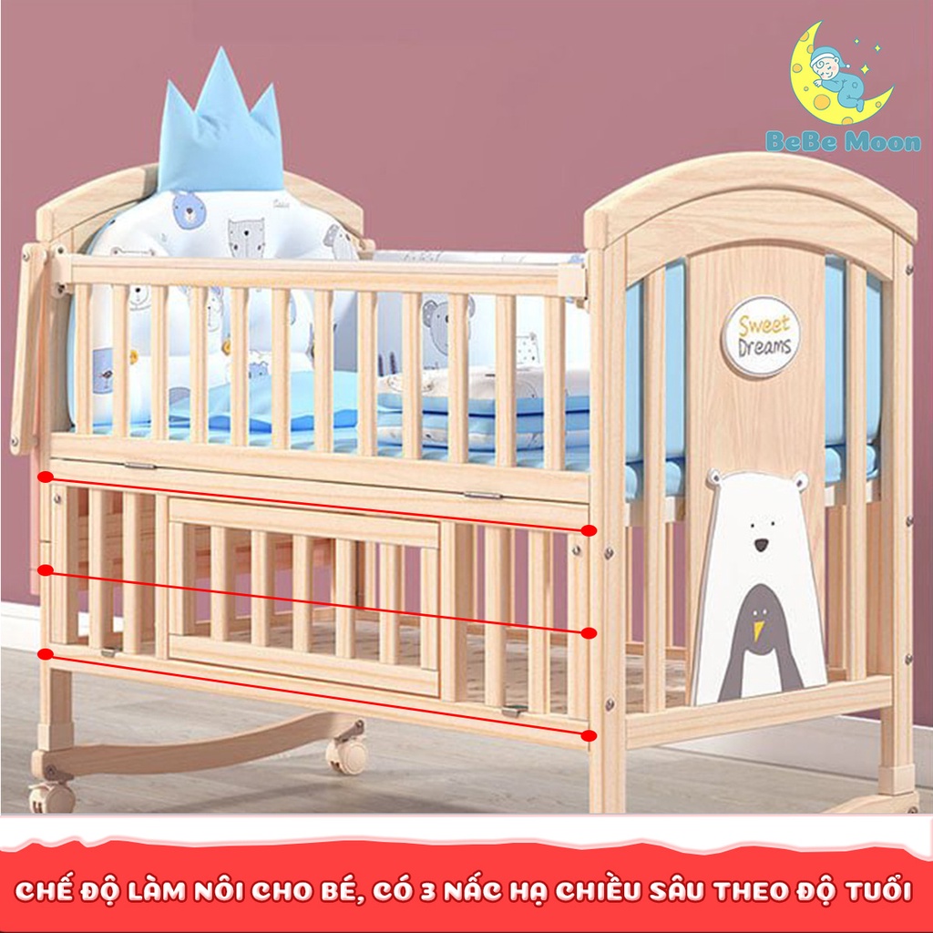 Giường Cũi Đa Năng 6 Trong 1 Bebe Moon Chất Liệu Gỗ Thông Nhập Khẩu, Bảo Hành 36 Tháng