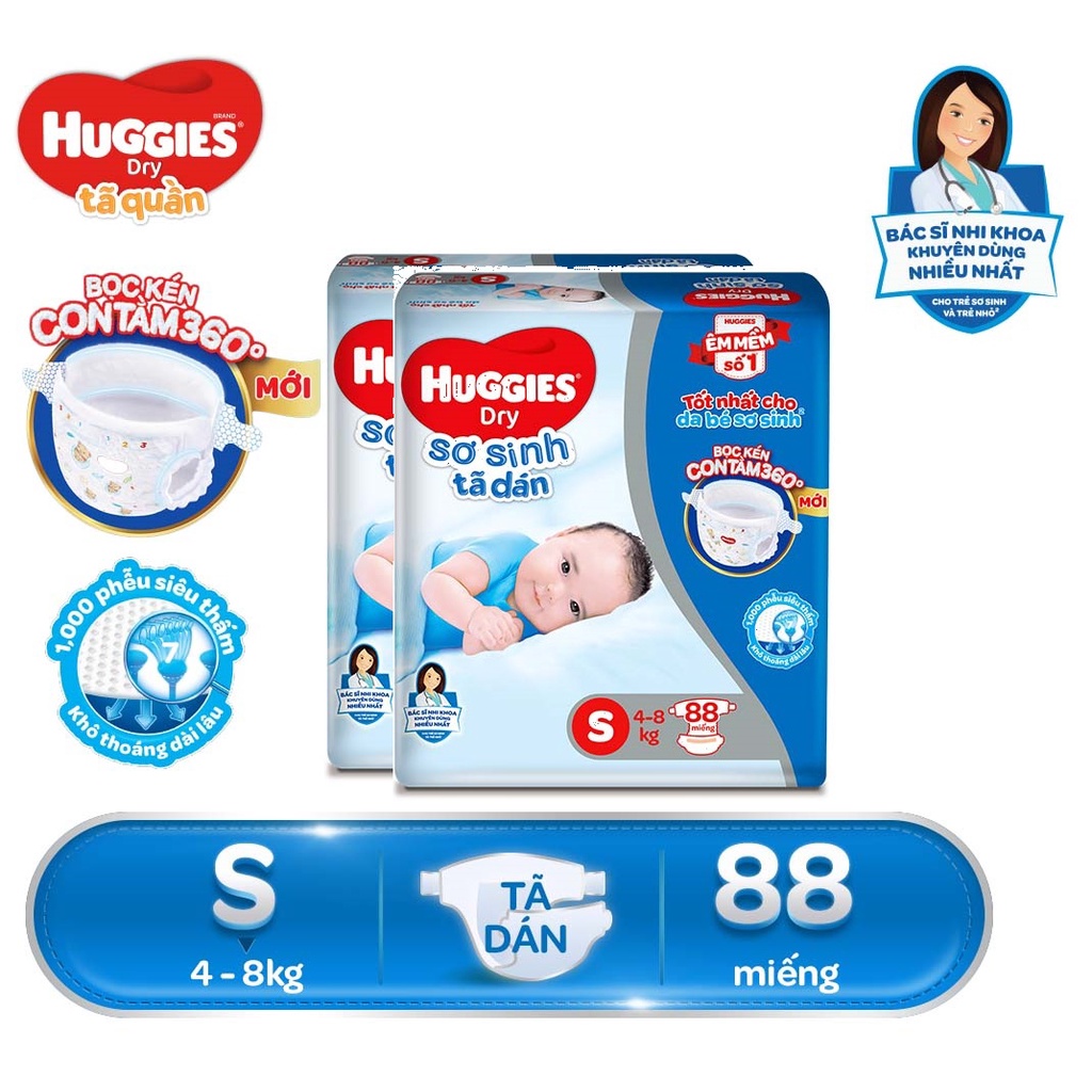 [Cộng Miếng]Combo 2 Bịch Tã Dán Sơ Sinh Huggies S88 (88 Miếng) Mẫu Mới