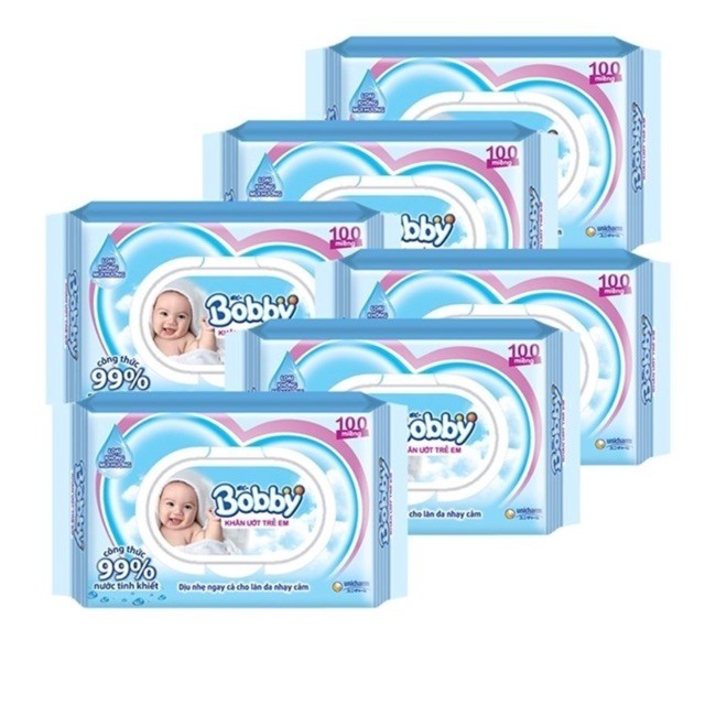 Thùng 18 gói Khăn Ướt Em Bé Bobby Không Mùi (100 Miếng/Gói)
