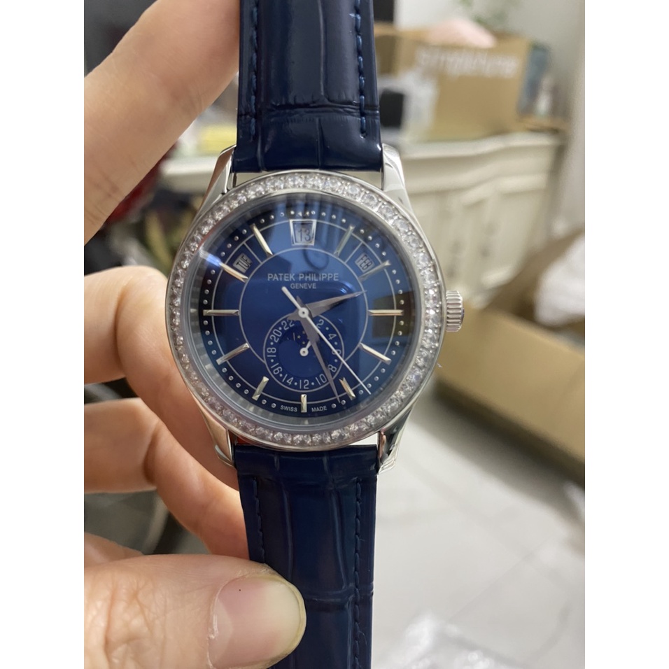 Đồng hồ Nam Ptek vành đá trăng sao máy nhật chạy cơ Automatic có thứ ngày tháng vỏ trắng dây da