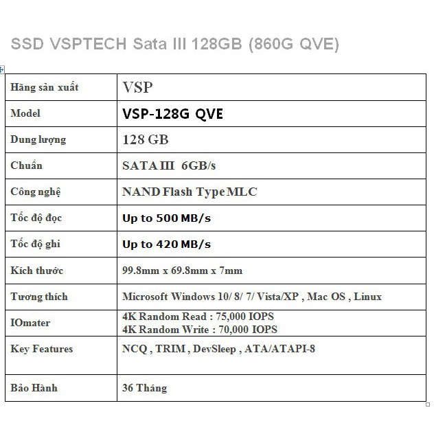 Ổ cứng SSD VSPTECH 860G QVE dung lượng 128GB - tốc độ ghi 420MB/s đọc 500MB/s (Đen)