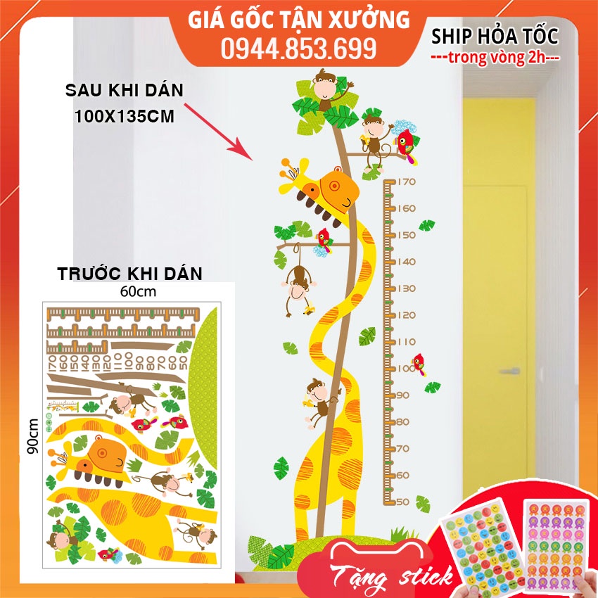 Tranh đề can dán tường cho bé đo chiều cao loài vật vui đùa cùng hưu cao cổ XH9269, hình decal dán tường sticker cho bé