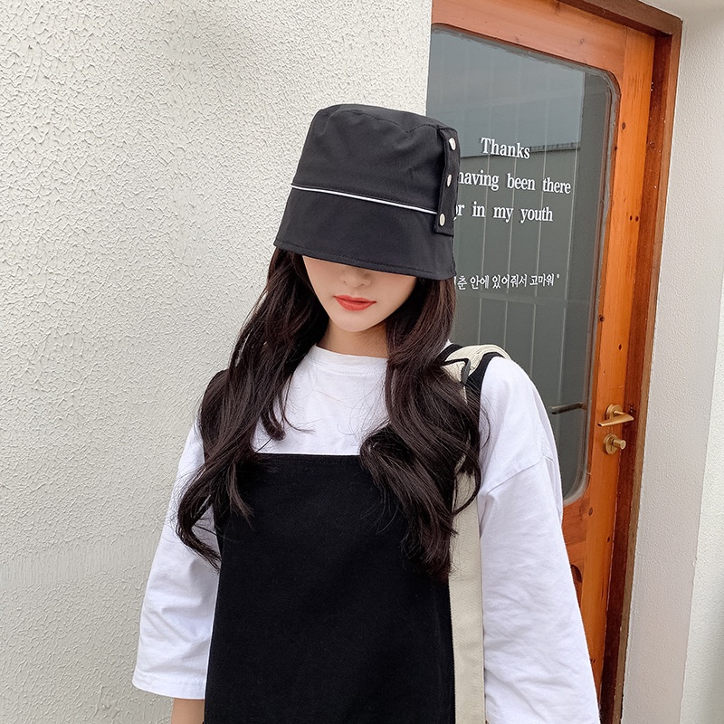 Nón bucket thời trang Hàn Quốc đính nút vải cotton có dây rút điều chỉnh bên trong nón