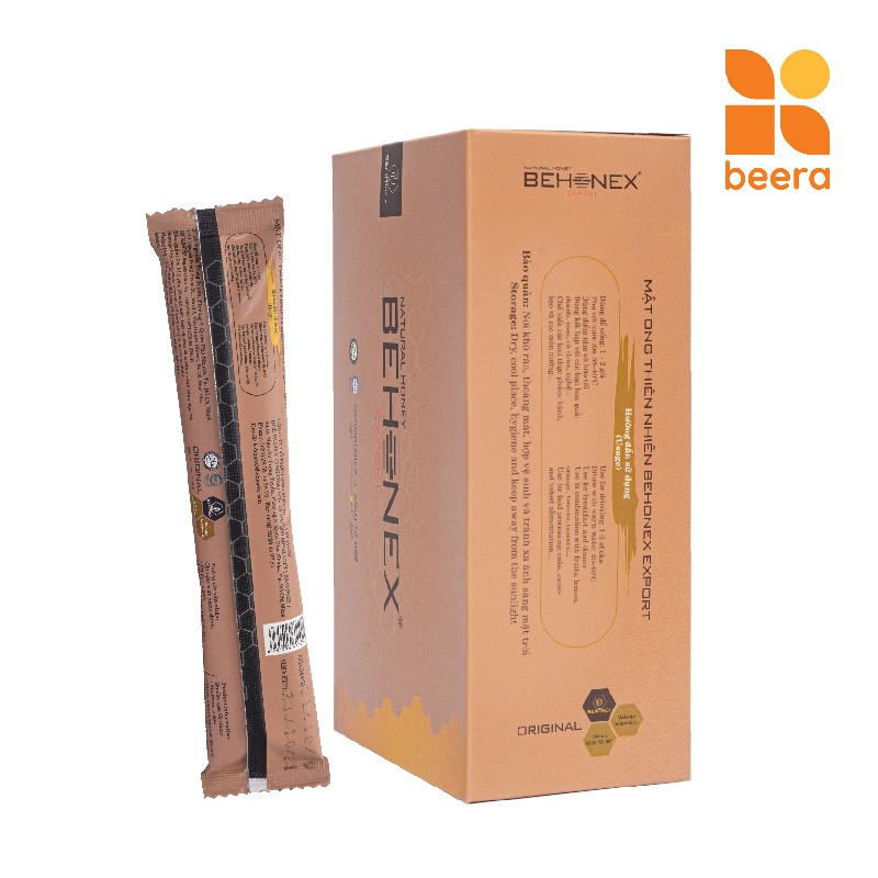 Hộp 12 gói Mật Ong Nguyên Chất, Thiên nhiên stick dark Behonex Beera Hỗ trợ giảm ho, giải nhiệt (1 gói/25g)