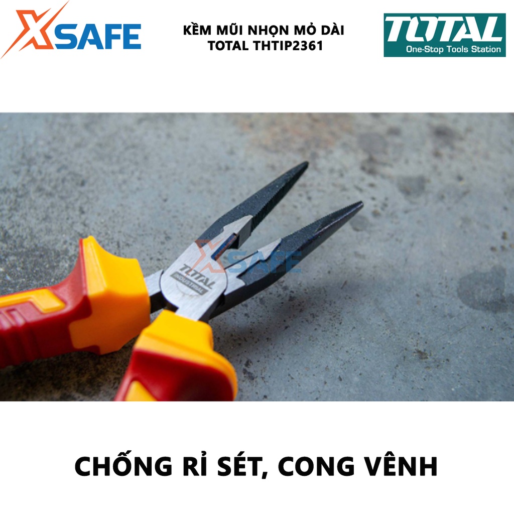 Kìm mũi nhọn mỏ dài cách điện TOTAL THTIP2361 Kềm cách điện 1000V kích thước 6&quot;(160mm), đầu kềm mạ đen đánh bóng - XSAFE