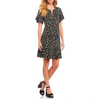 (SIZE 6US) ĐẦM THUN M.KORS CHÍNH HÃNG-TOSSED LILIES PRINT MATTE JERSEY CHAIN LACE-UP DOLMAN SLEEVE RUFFLE TRIM (D185K1T2