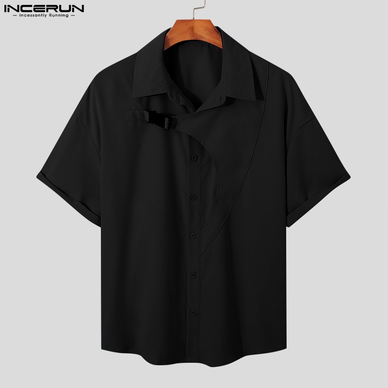 INCERUN Áo Sơ Mi Tay Ngắn Cài Khuy Thiết Kế Bất Đối Xứng Thời Trang Cá Tính Cho