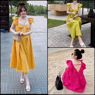 Váy maxi cánh tiên cổ v, đầm maxi hở lưng dáng baby doll nơ sau lưng quảng châu cao cấp