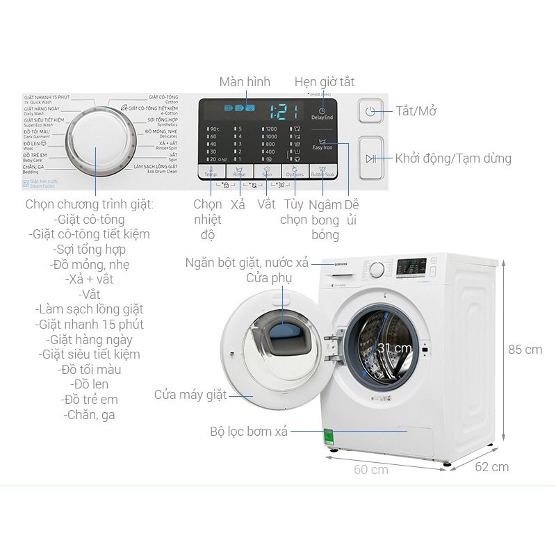 Máy giặt Samsung AddWash inverter 8 Kg WW80K52EOWW/SV