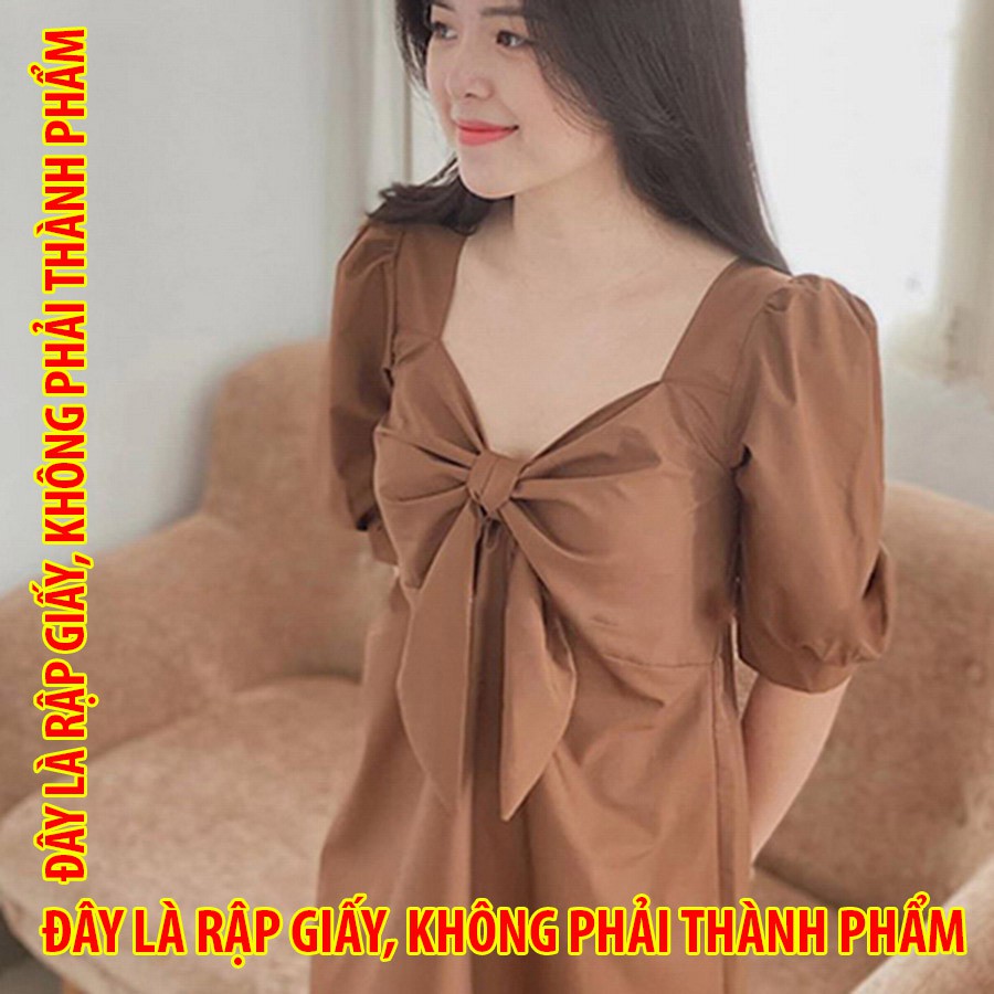 Rập giấy 30033 - Đầm cổ vuông, thắt nơ tạo cúp ngực