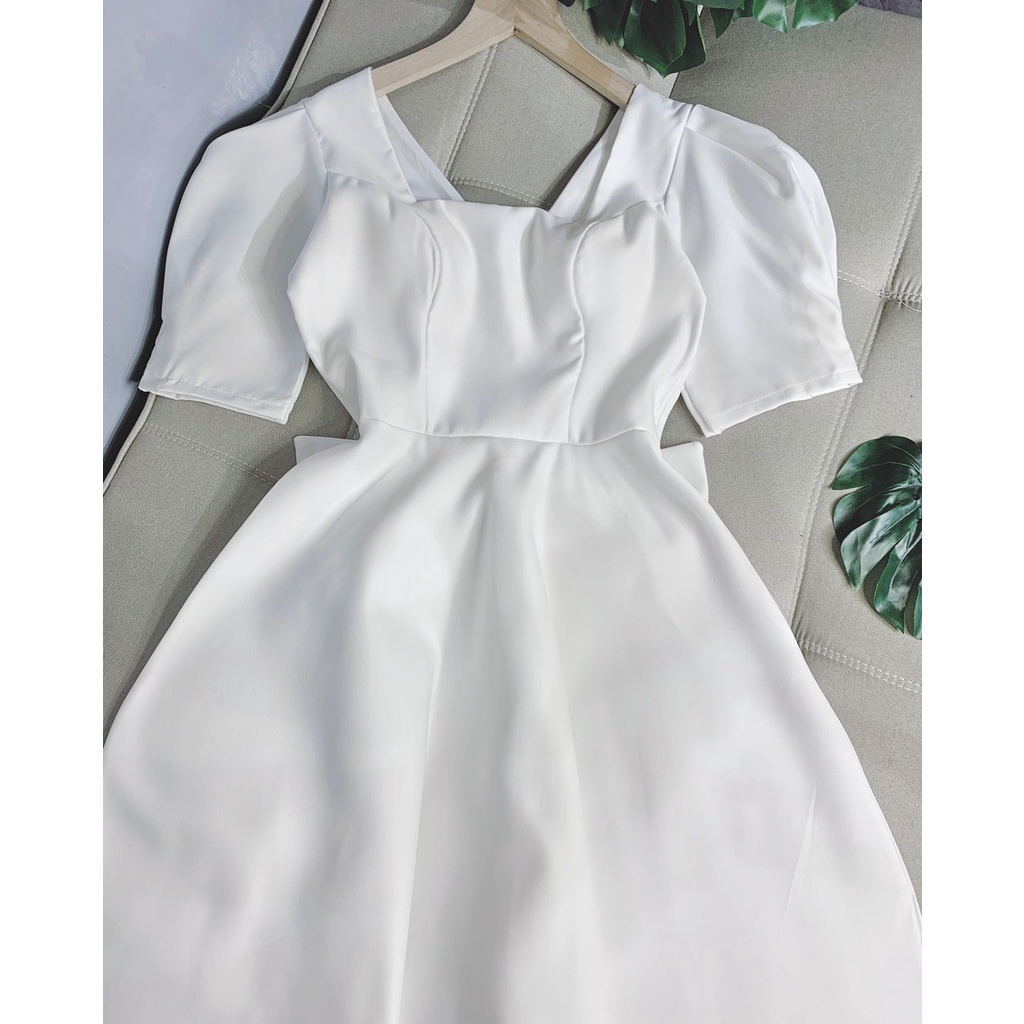 [Freeship] Đầm maxi trắng phồng nơ lưng