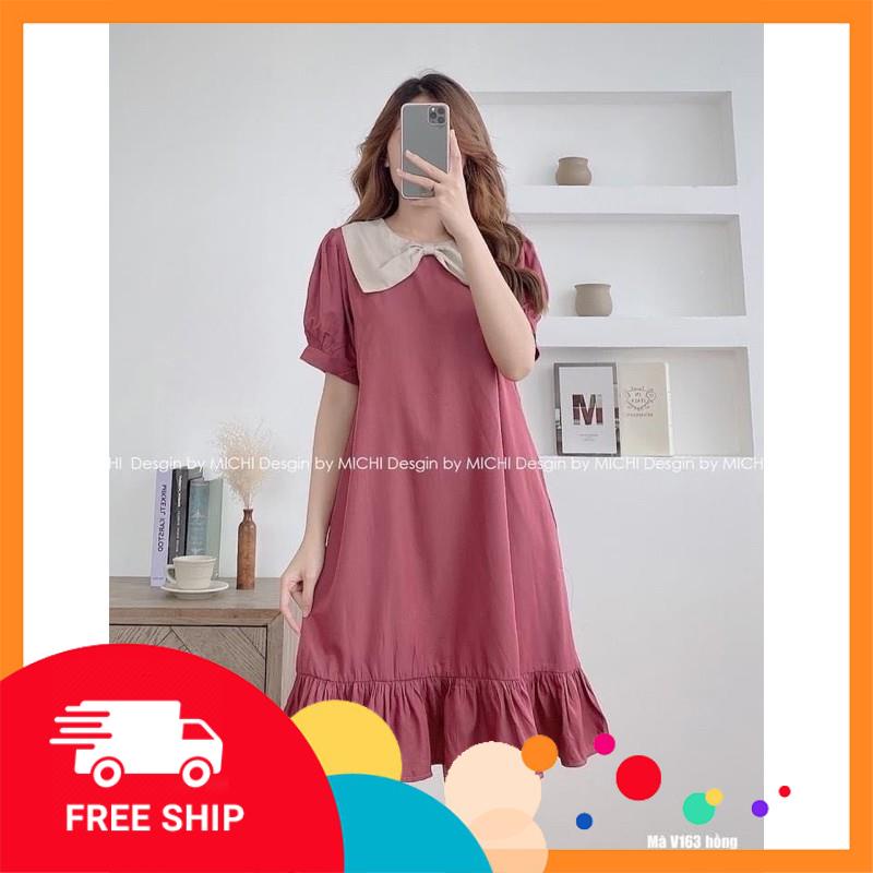 [BigSale] Váy Đũi Cổ Nơ Tay Bồng Chất Đũi Lụa