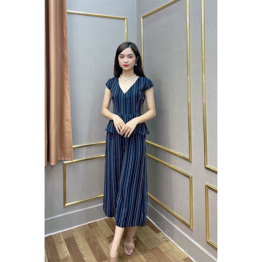 Sét bộ công sớ SEFA áo peplum quần ống sớ kẻ