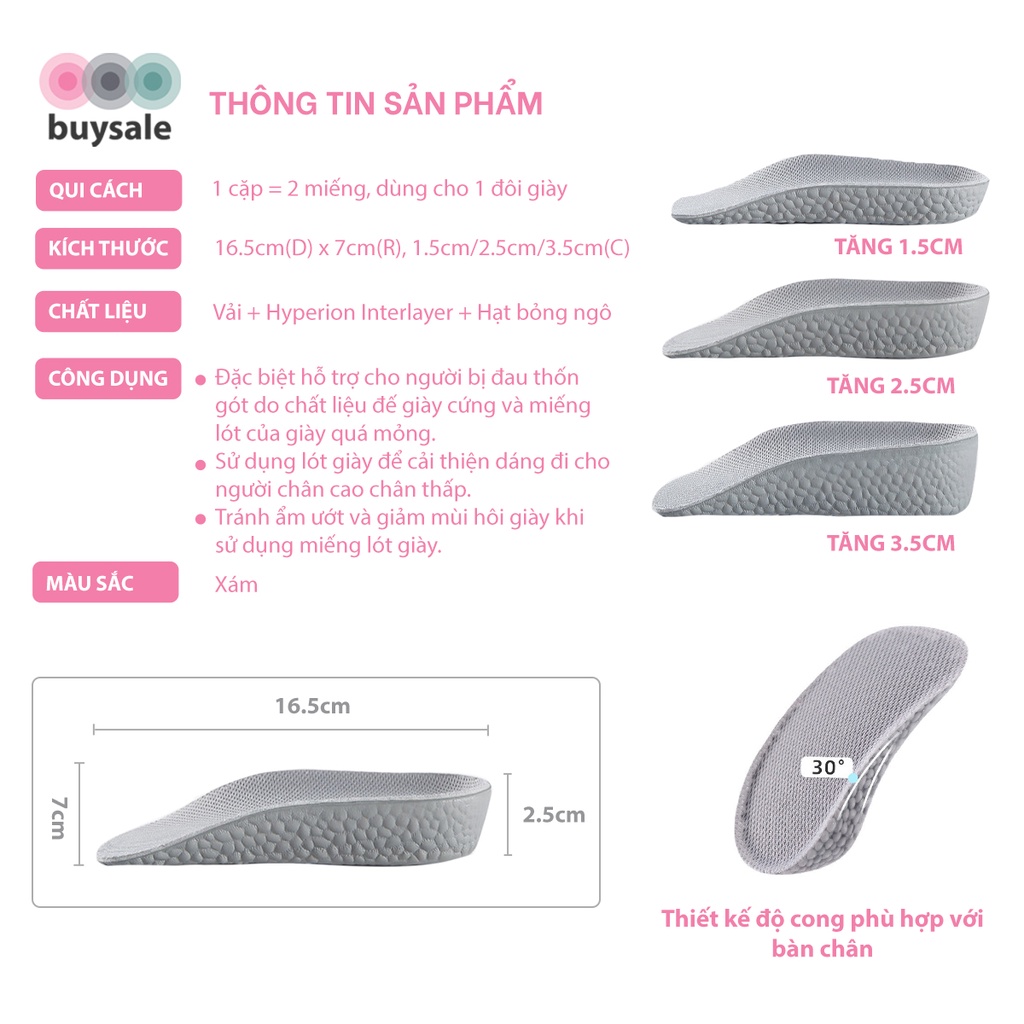 Lót giày tăng chiều cao cấu trúc vòm nâng đỡ lòng bàn chân tăng 1.5CM 2.5CM 3.5CM - Buysales - BSPK229