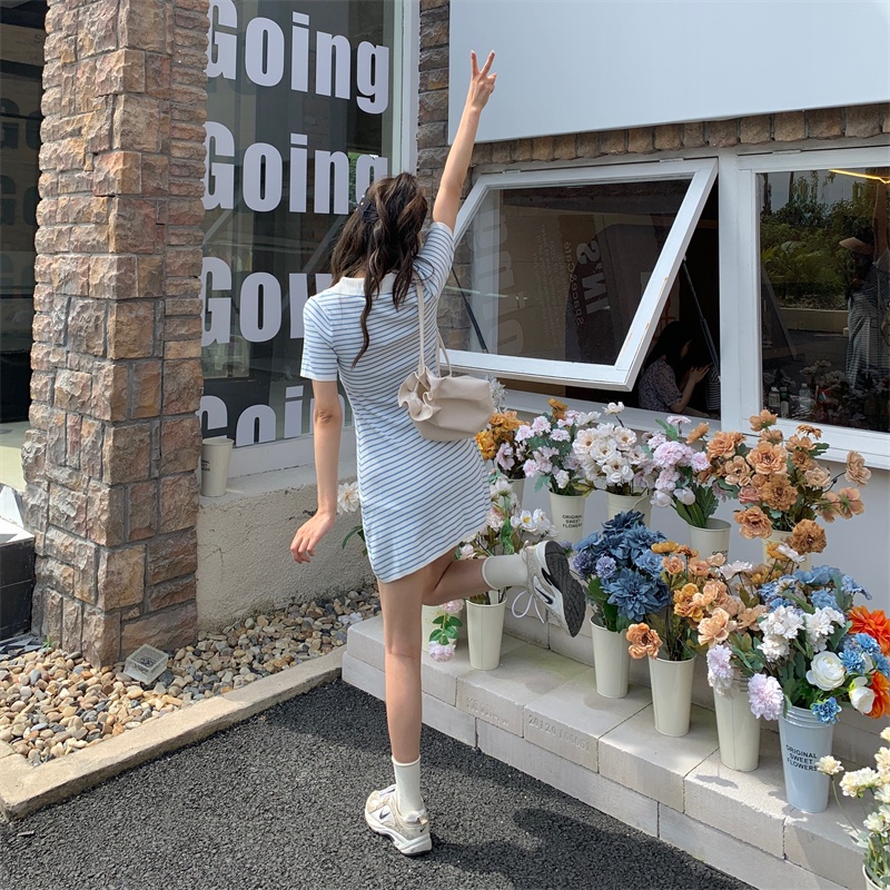 SUXI Đầm Dệt Kim Tay Ngắn Cổ Polo Dáng Ôm Họa Tiết Kẻ Sọc Phong Cách Pháp Thời Trang Cho Nữ