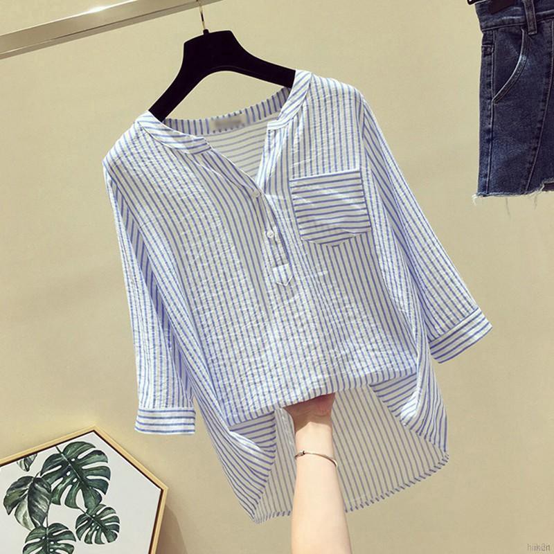 Áo sơ mi tay lỡ hoạ tiết kẻ sọc thiết kế dáng rộng thoải mái