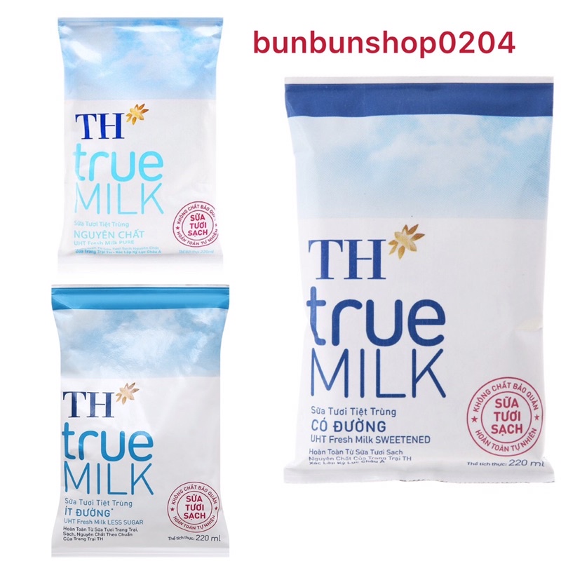 Thùng sữa TH TRUE MILK bịch 220ml NGUYÊN CHẤT/ ÍT ĐƯỜNG/ CÓ ĐƯỜNG