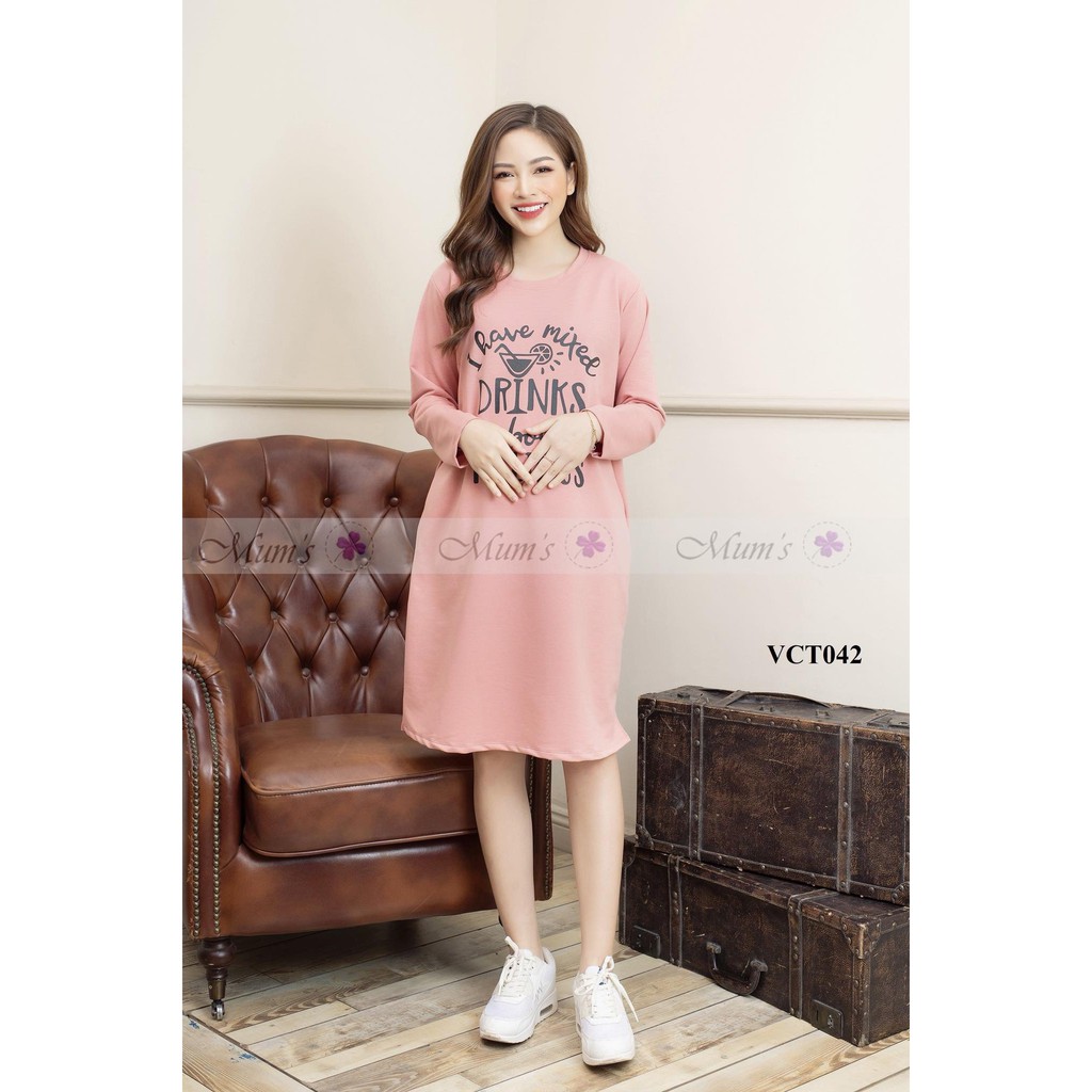 ĐẦM BẦUFREESHIP Váy cotton nỉ da cá dài tay in chữ