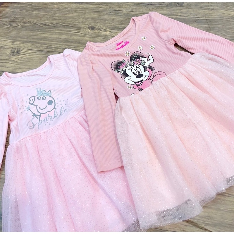 Xinh Yêu Váy/Đầm chân ren voan kim tuyến dư xịn Heo Peppa Minie dài tay bé gái dáng công chúa thu đông