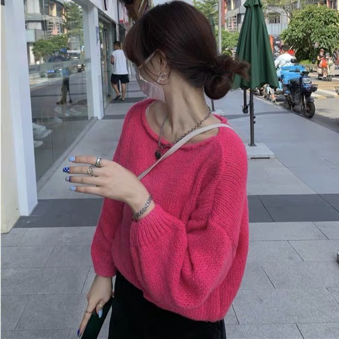Áo sweater dệt kim dày dáng rộng tay phồng phong cách Hàn Quốc thời trang