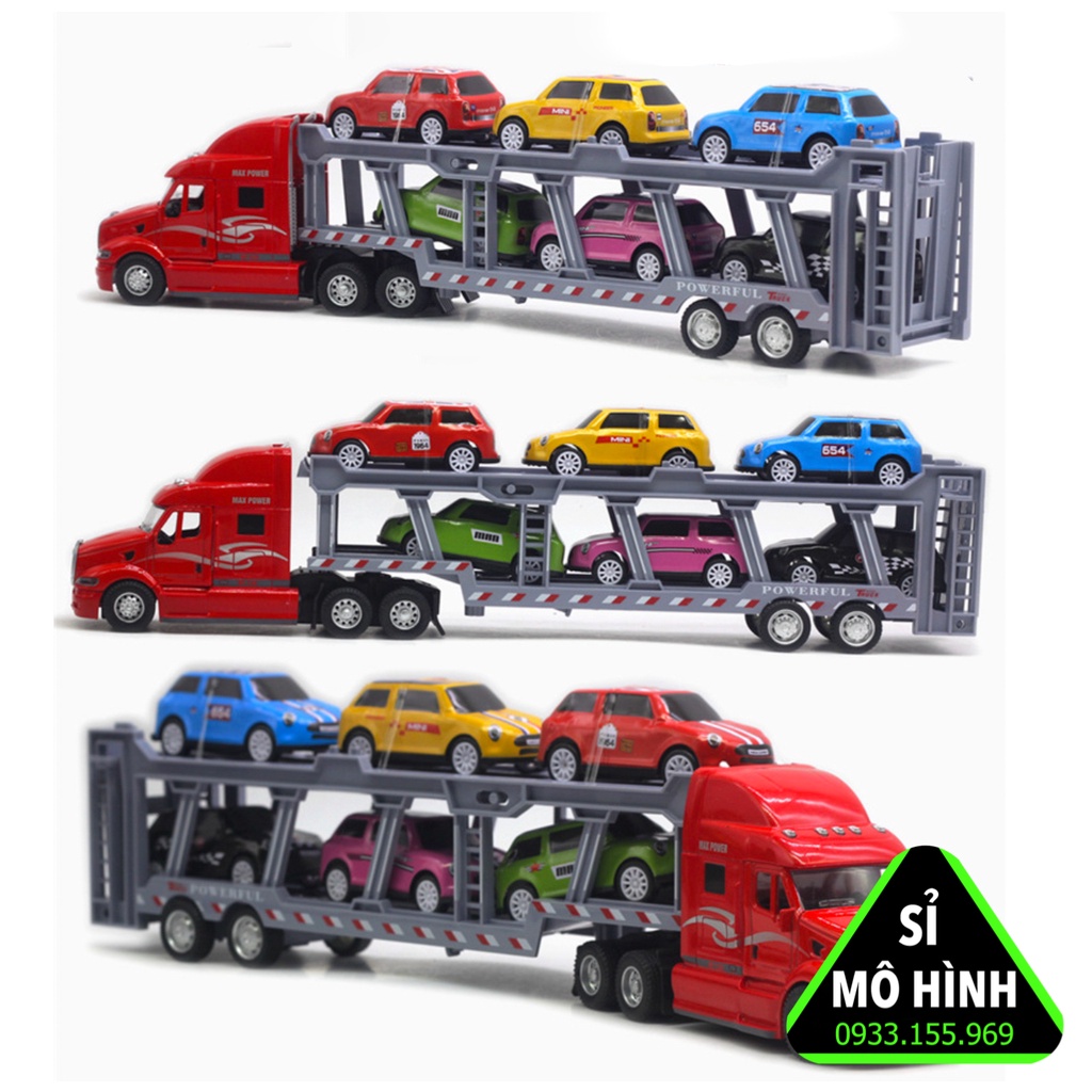 Bộ mô hình xe container vận chuyển 6 ô tô con bằng kim loại