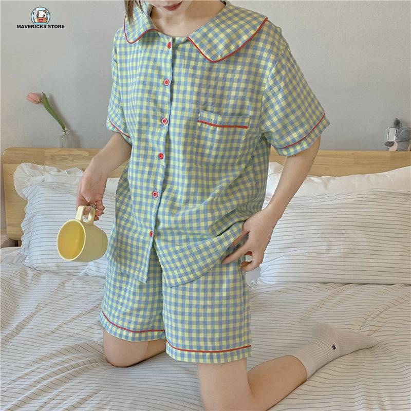 Bộ đồ ngủ dáng rộng in họa tiết caro màu xanh lá thời trang mùa hè mới 2021 cho nữ