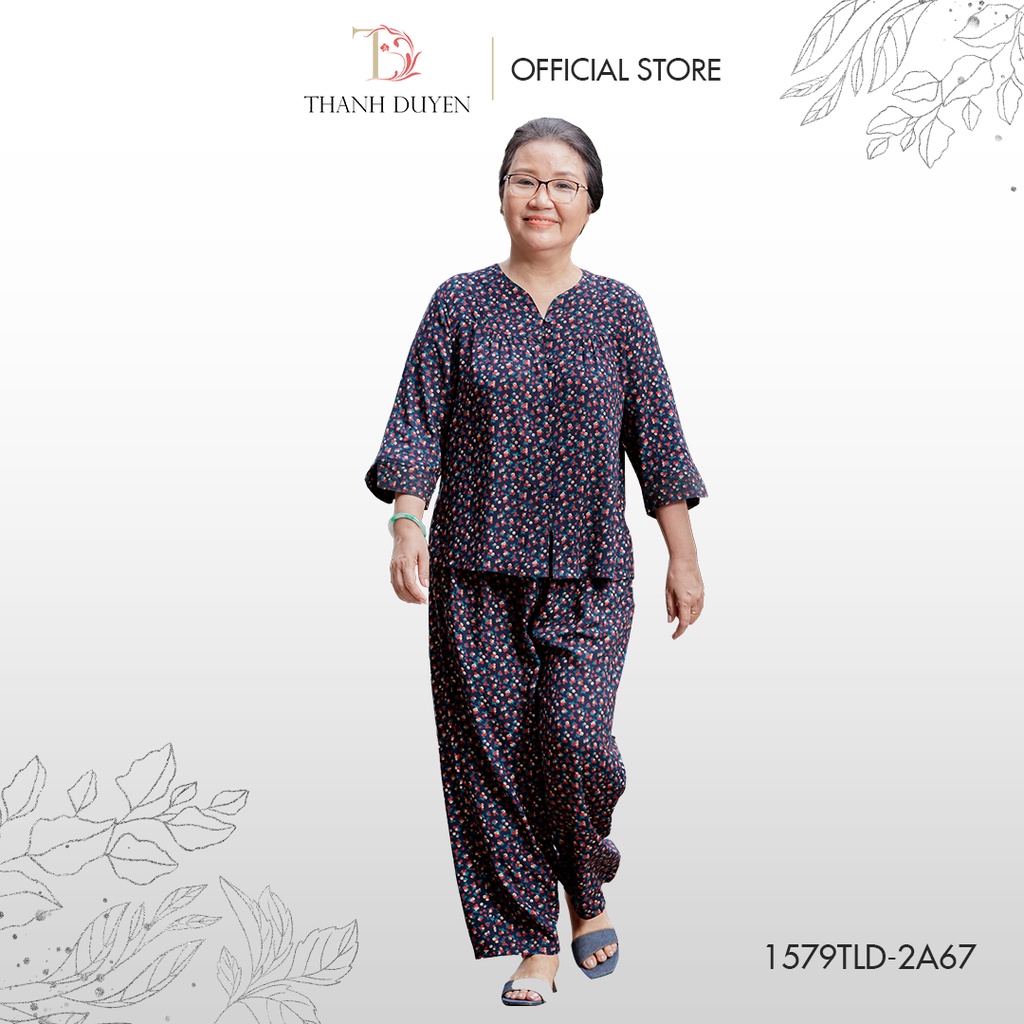 Đồ bộ Tole cho bà mặc nhà Thành Duyên hoa, cổ tàu, tay lỡ, quần dài, không rút, thoáng mát - 1579TLD (11-21)