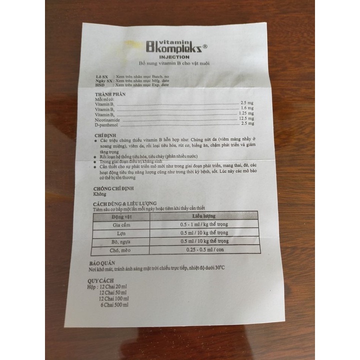 Bổ sung vitamin nhóm B giúp tăng sức, trợ lực, kích thích tính thèm ăn - VITAMIN B KOMPLEXS 100ml- dùng trong thú y