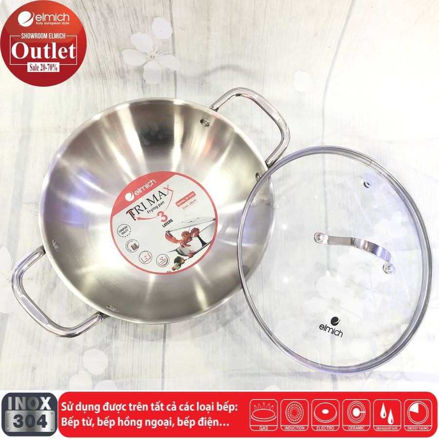 [Mã LIFE020650K giảm 10% đơn 200K] Chảo Xào Inox 304 3 lớp Đáy Liền ELMICH Trimax EL3797 28cm/3798 30cm