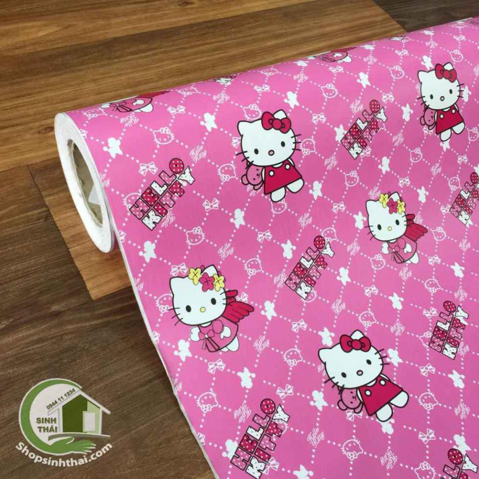 Giấy dán tường hello kitty màu hồng cánh sen, khổ 90cm có sẵn keo