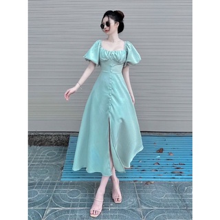 Váy midi tay bồng nút bọc thanh lịch