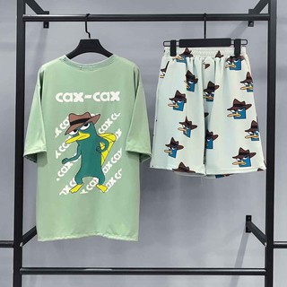 Set áo tay lở thú mỏ vịt + quần short cartoon unisex