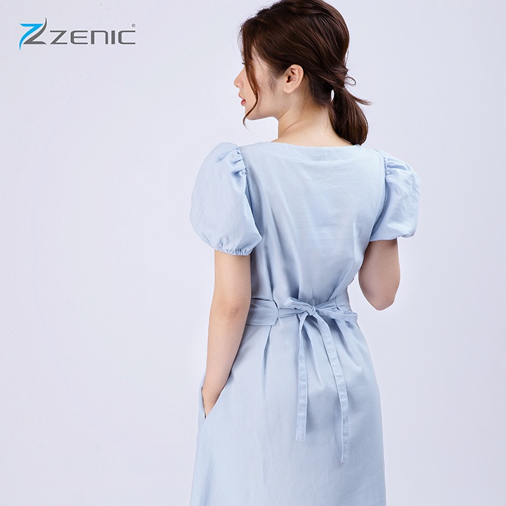 Đầm suông Linen nữ tay ngắn bồng cổ V thắt đai eo 65114 – ZENIC