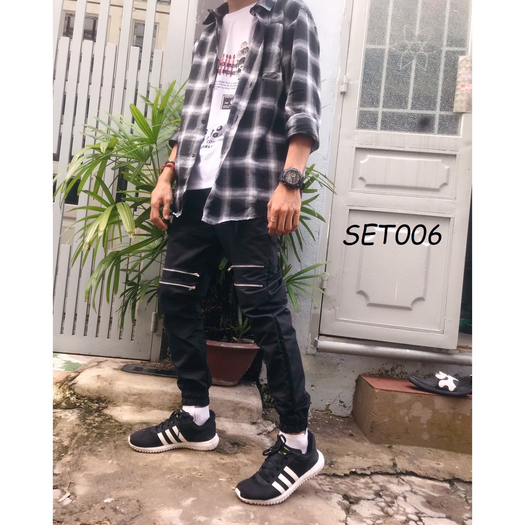 Set đồ thời trang quần Jogger kaki + áo thun và áo khoác caro