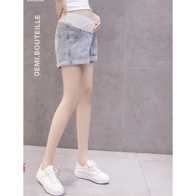 Quần sooc jean bầu cạp chéo co dãn