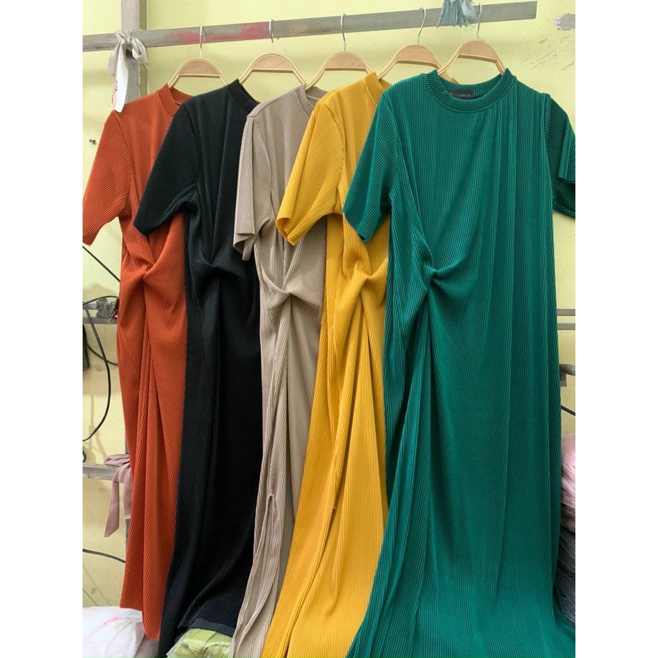 Váy dập li dáng suông tay lỡ rúm eo điệu đà chất tăm dập li co dãn bầu bí bon chen thoải mái