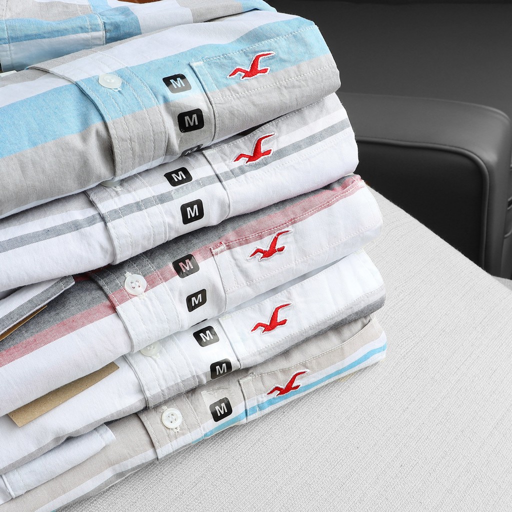 Áo sơ mi nam dài tay cao cấp Hollister sọc ngang XANH DA XÁM NHÍ vải Cotton chất lượng quốc tế - Thời Trang Đỉnh Cao