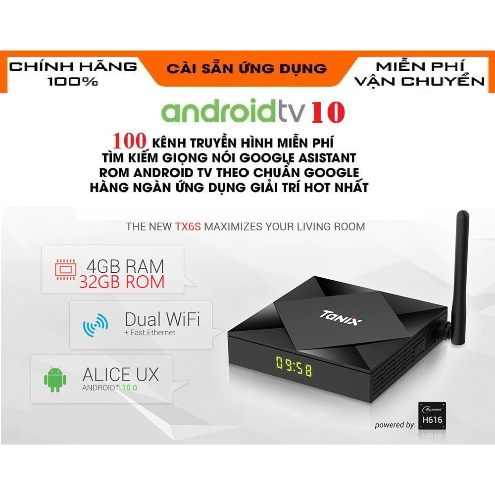 Android Box TX6S, Android TV 10, Allwinner H616, Ram 4GB, Bộ nhớ trong 32GB, Wifi 2.4Ghz/5Ghz, Bluetooth 5.0, Lan 100Mb