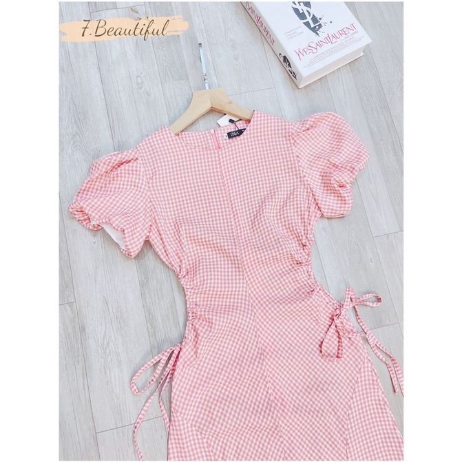 Đầm nữ, váy kẻ caro hồng rút eo tay bồng, phong cách nhẹ nhàng tiểu thư 7.Beautiful V118