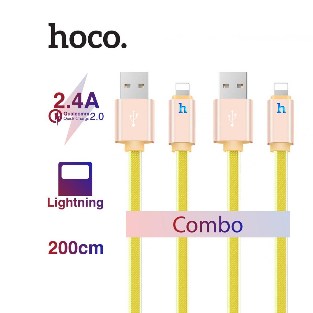 Cặp dây cáp Hoco UPL12 Lightning dài 200cm dây dù ánh kim bọc nhựa dẻo chống gãy và cực kì bền tương thích Apple