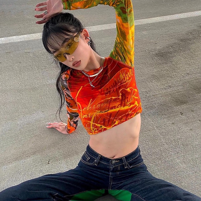 DUNEA Áo thun tay dài cổ tròn in họa tiết thời trang trẻ trung cho nữ