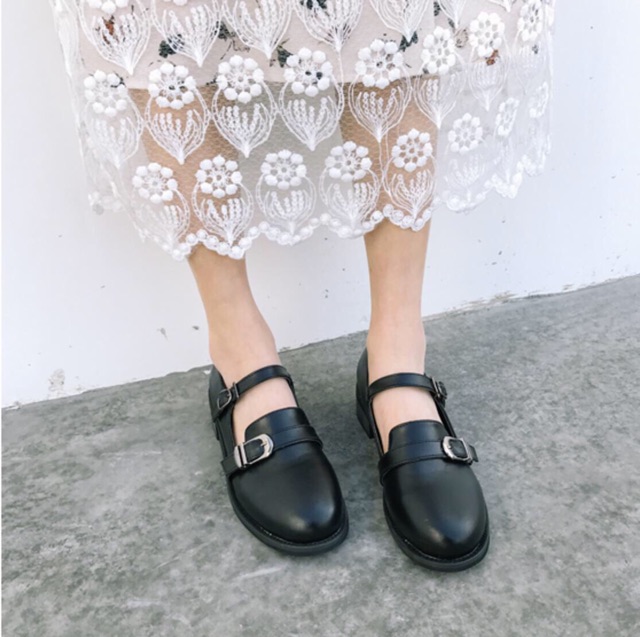 Giày quai ngang retro kiểu Anh vintage da pu đế bằng cổ điển búp bê Oxford ulzzang cô gái Nhật Bản