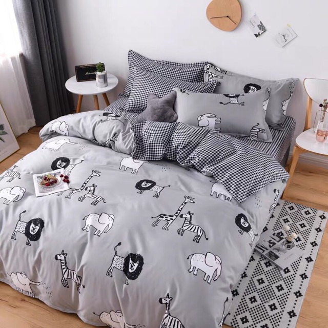 Bộ Chăn ga cotton poly Emmidecor- mẫu sư tử xám