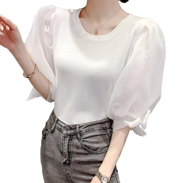 Mùa hè 2021 Áo khoác mỏng lưới màu đỏ Puff Tay Thời trang Khí chất dệt kim Ngắn chui đầu