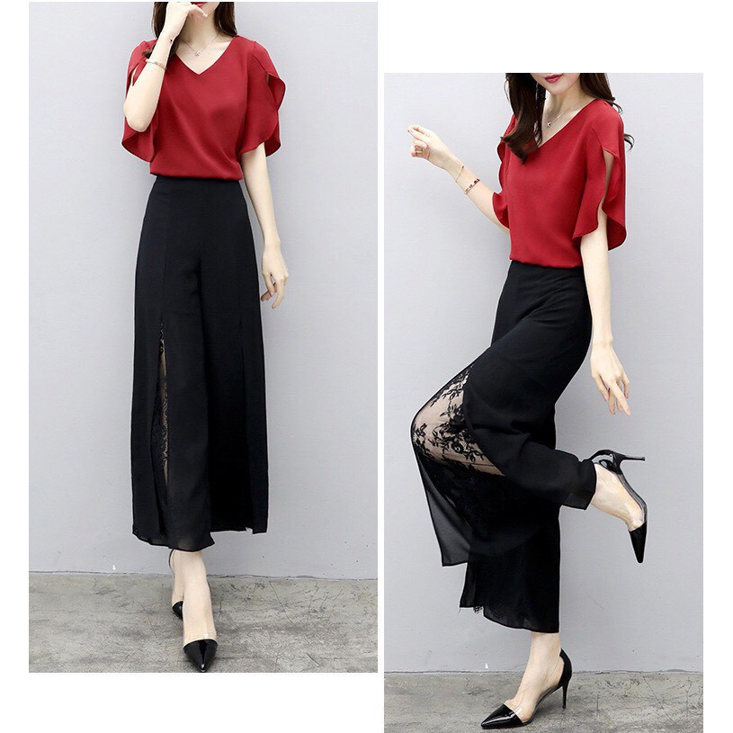 Set Bộ Nữ Bigsize - Bộ Quần Dài Ống Loe Phối Ren Xô Lụa Nhập Cao Cấp Sang Chảnh Quảng Châu