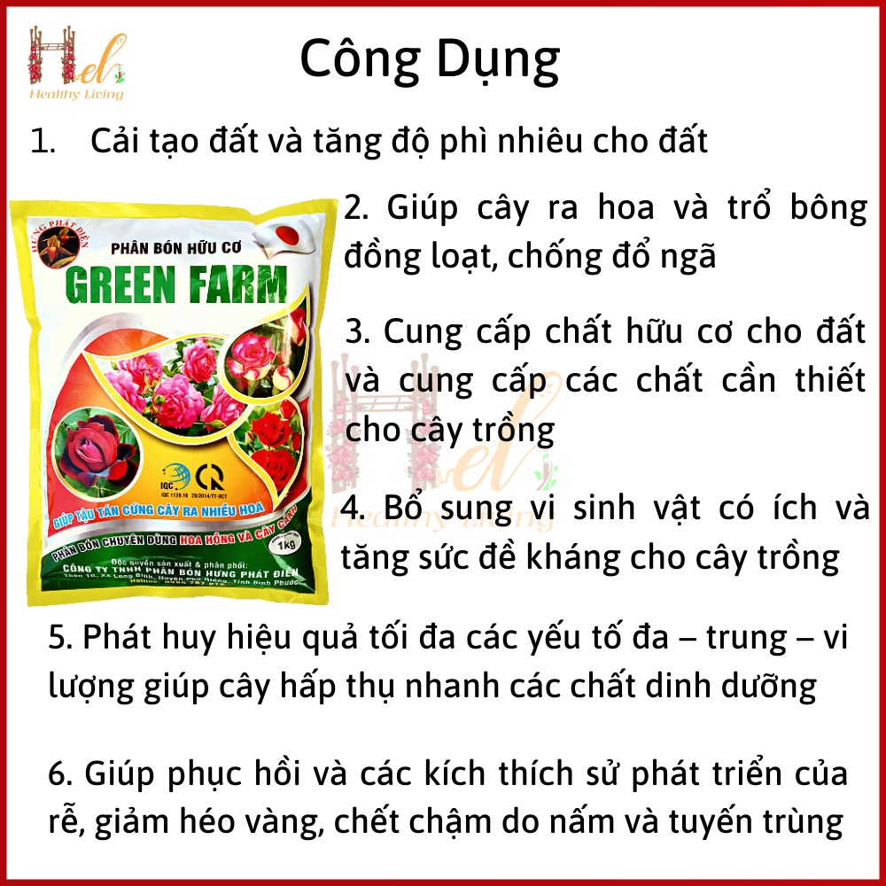 Phân Bón Hữu Cơ Hoa Hồng Phân Bón Hoa Hồng, Cây Cảnh GREEN FARM Gói 1kg