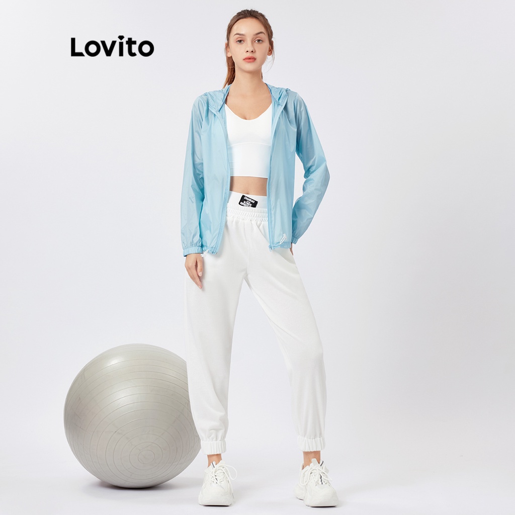 Áo khoác Lovito thể thao thiết kế có nón dây kéo thắt dây trơn màu L26AD069 ( màu xanh dương nhạt/ trắng)