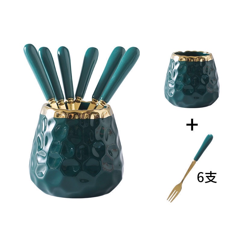 Lọ cốc sứ đựng thìa dĩa nĩa vân sóng nước sang trọng ( tặng kèm 6 dĩa)