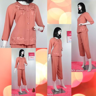 Đồ Bộ Quần Áo lụa Cotton Thêu Cho Chị , Cho Cô ( Áo Dài Tay , Quần Dài ) DLTR- CAM GACH