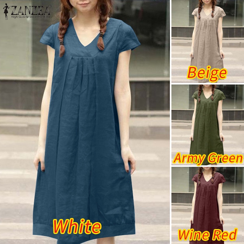 Đầm midi ZANZEA tay ngắn cổ chữ v phong cách Hàn Quốc dành cho nữ